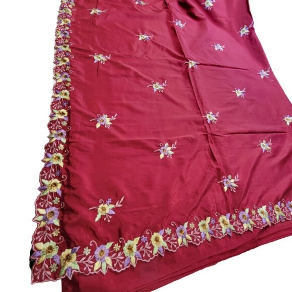 Maroon Burgundy Saree with colorful floral embroidery - Unstitched- NEW - Picture 2 of 10
